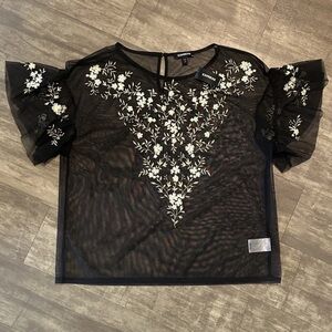 Express Black Sheer Floral embroidered Top flutter sleeve sheer festival